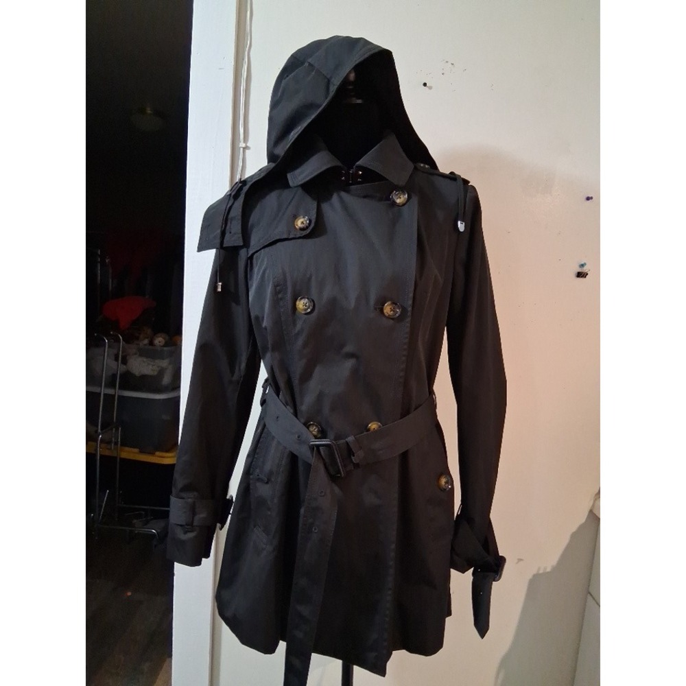 London Fog Heritage Womens Black Double Breasted Trench Coat Removable Hood S